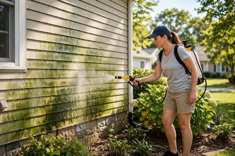 30 Seconds Outdoor Cleaner bottle spraying a mold-stained outdoor surface