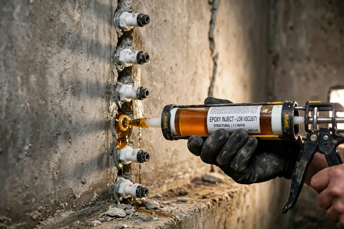 Contractor injecting epoxy into a basement foundation wall crack