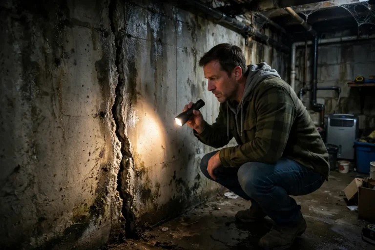 Basement wall with a vertical foundation crack being inspected with a flashlight
