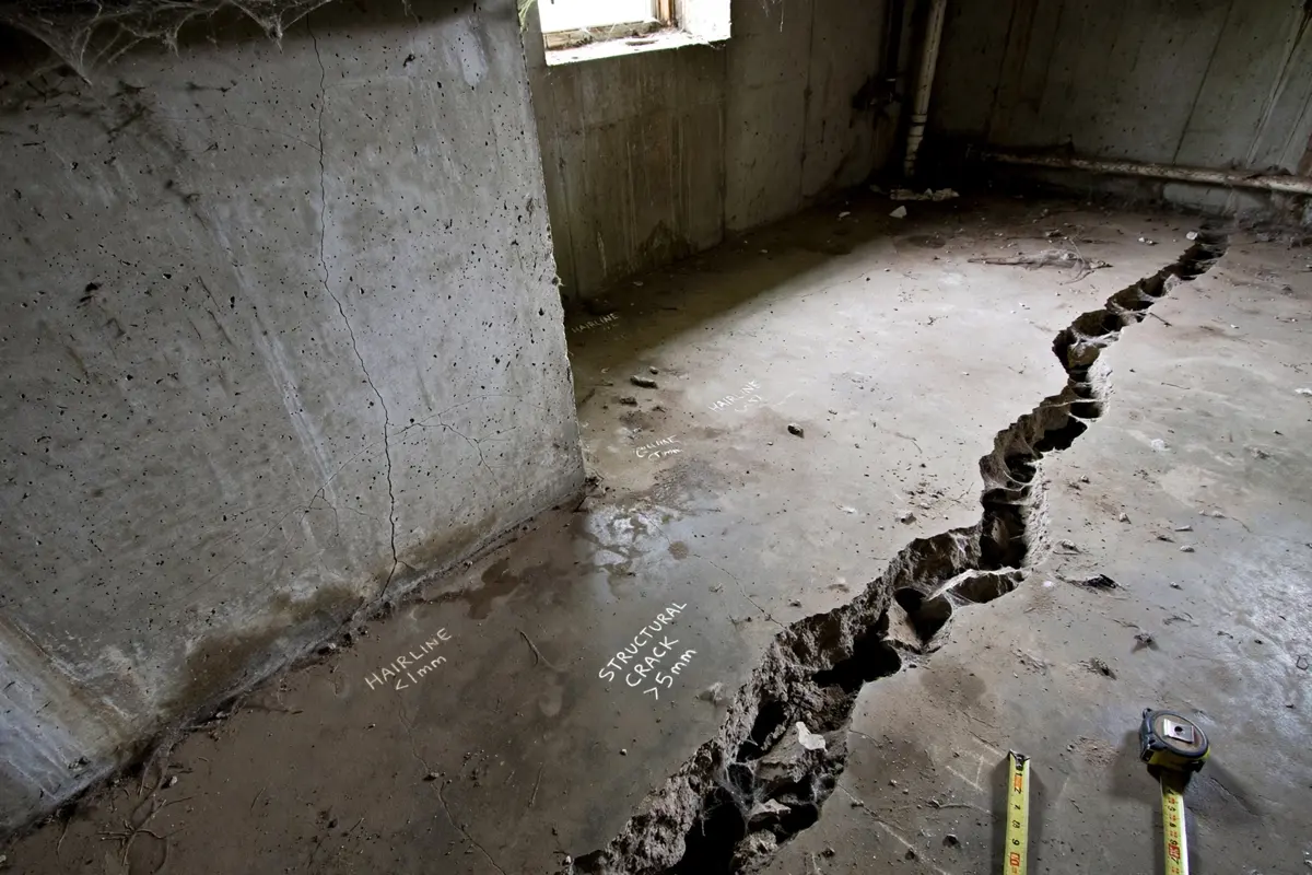 Hairline and wider cracks in a concrete basement wall and floor