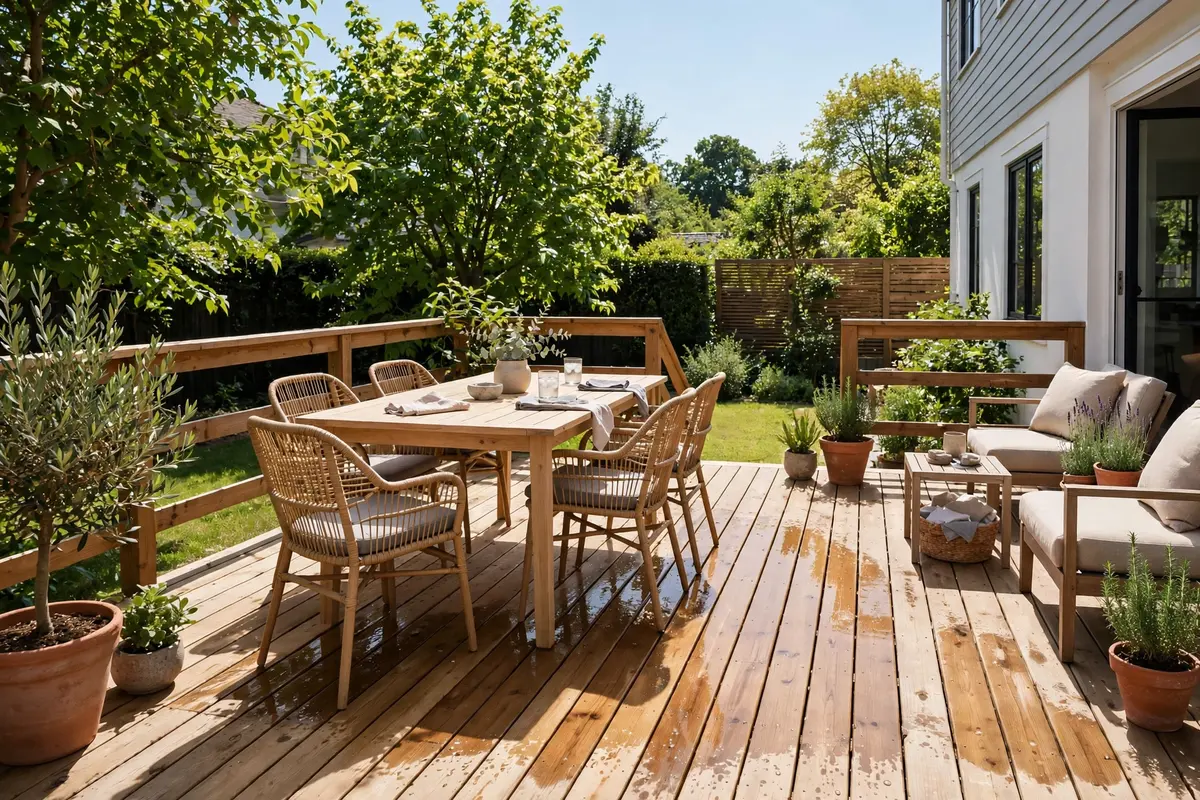 Scrubbing a wooden deck clean after applying outdoor cleaner