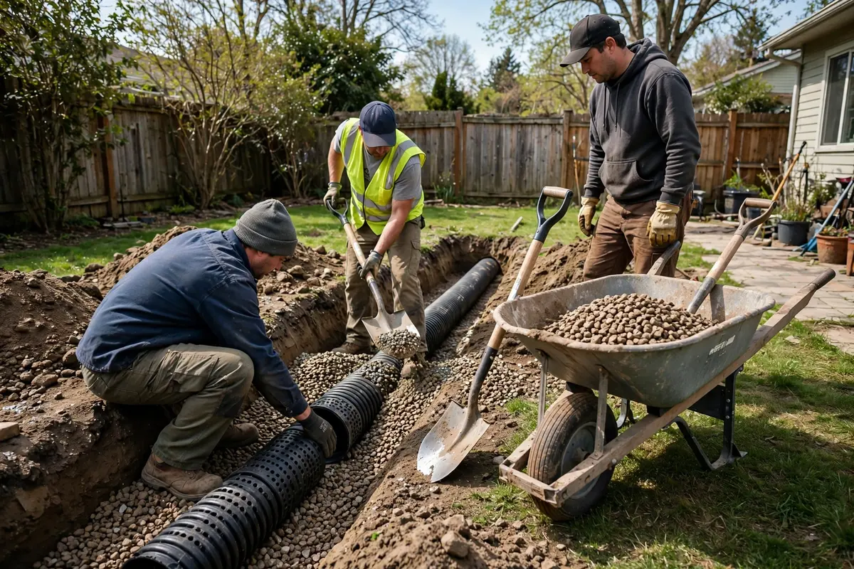 Workers installing perforated drain tile pipe in a gravel-filled trench