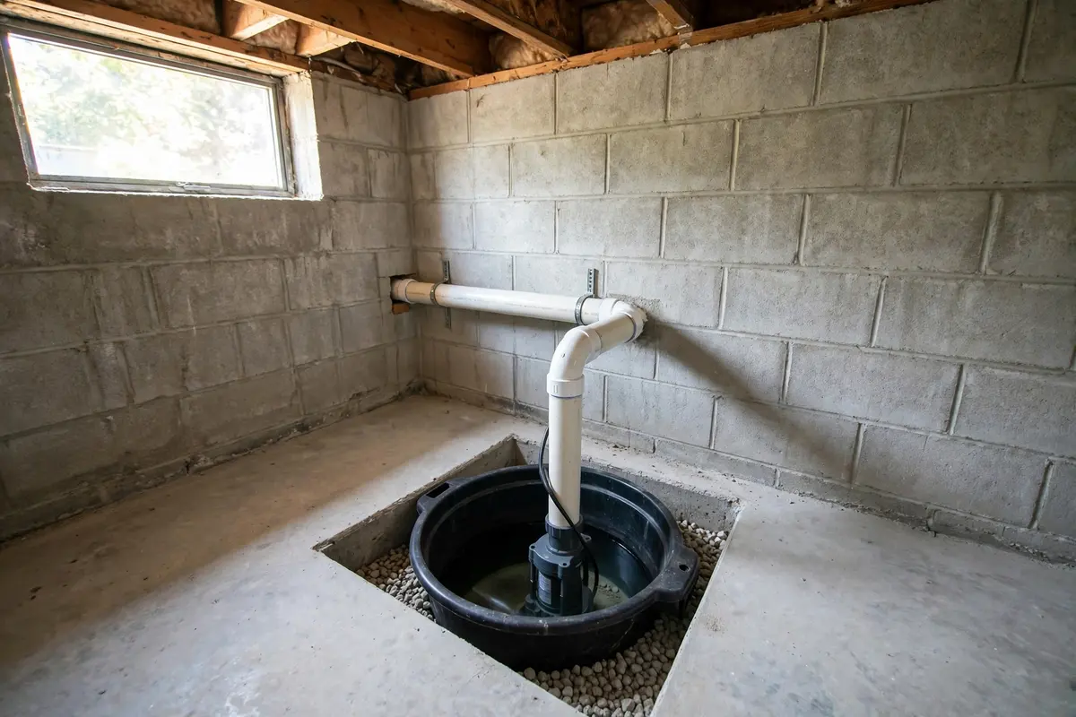 Basement sump pit and pump connected to an interior drain tile system