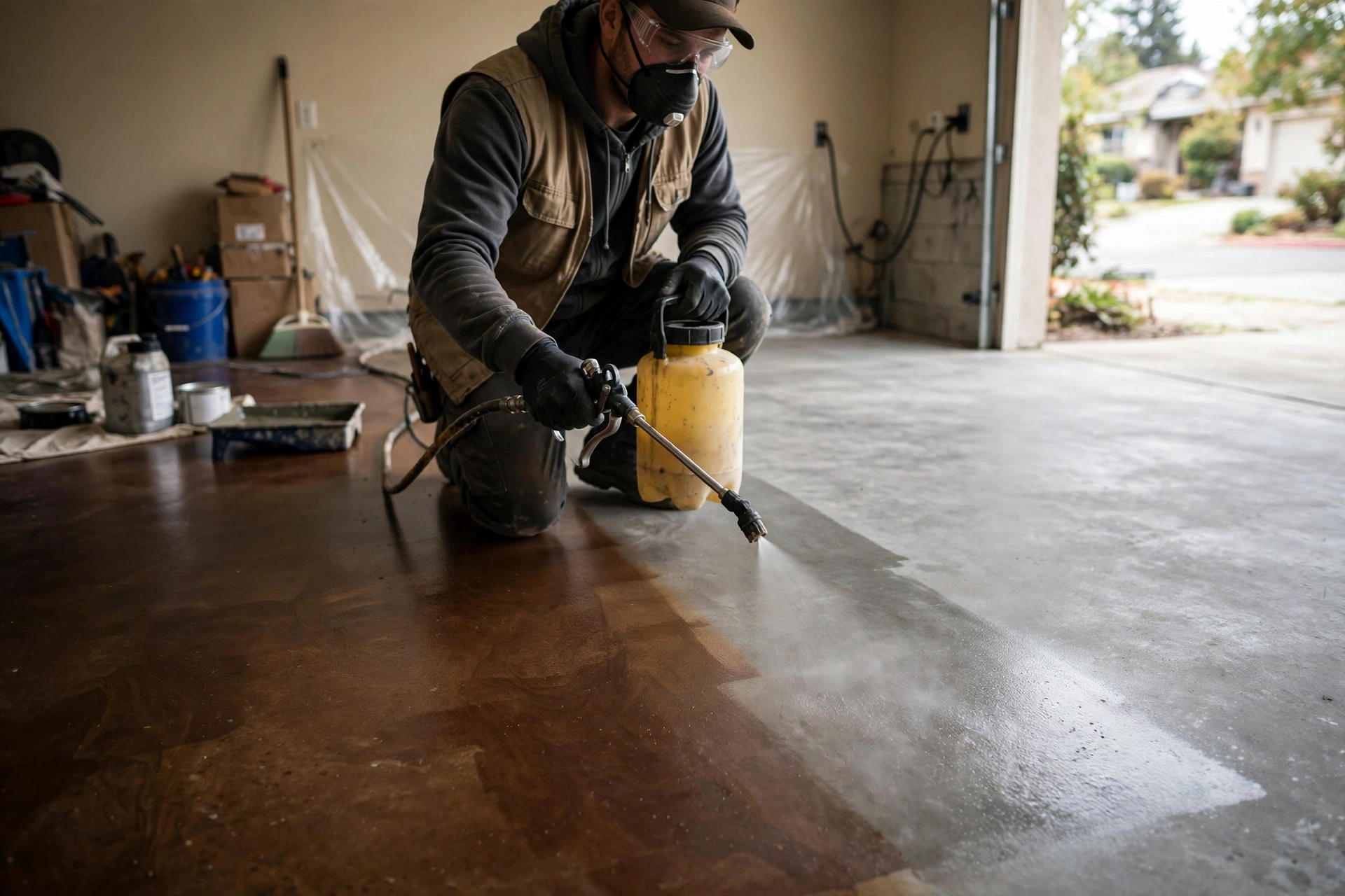 Applying concrete stain with a pump sprayer on a garage floor
