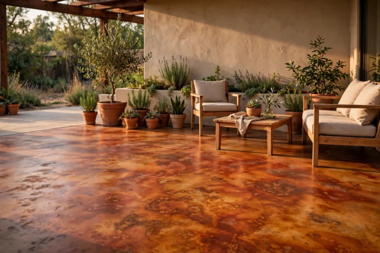 Stained concrete patio floor with a terracotta and amber acid-stain finish