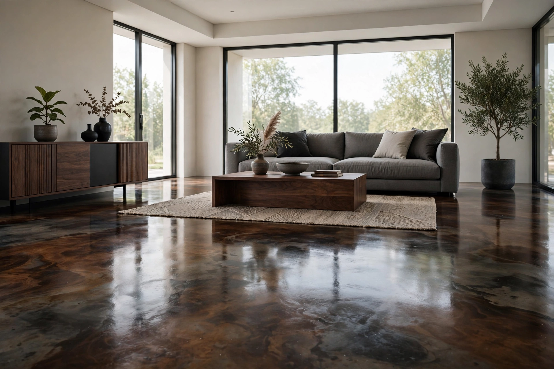 Polished stained concrete floor in a modern living room