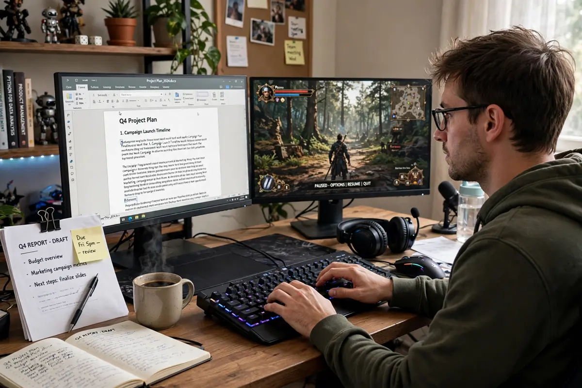 Home desk setup with a gaming keyboard used for gaming and work