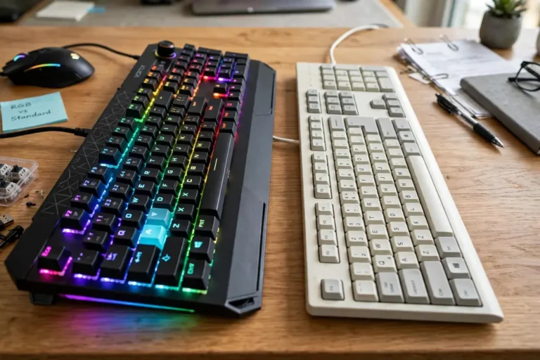 Gaming keyboard with RGB backlight next to a regular office keyboard on a desk