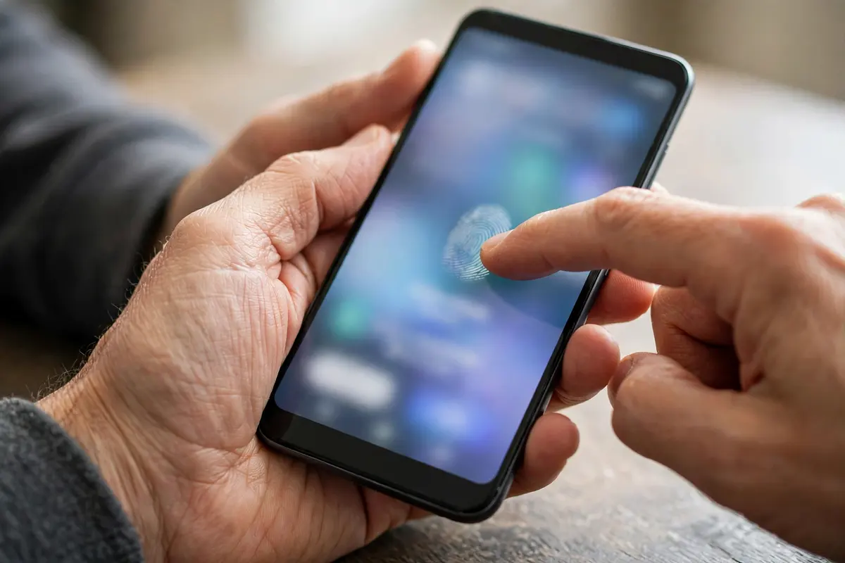Person signing in on an Android phone with a fingerprint passkey in Google Password Manager