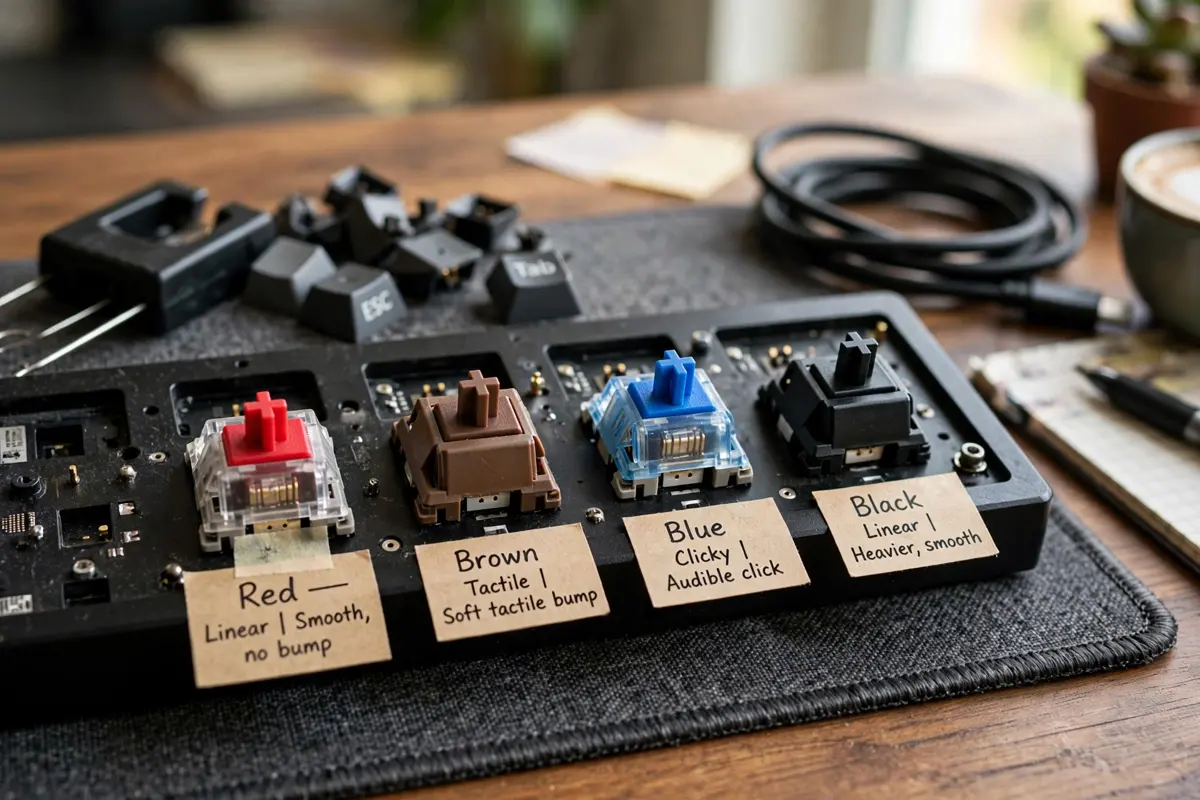 Mechanical keyboard switches with keycaps removed