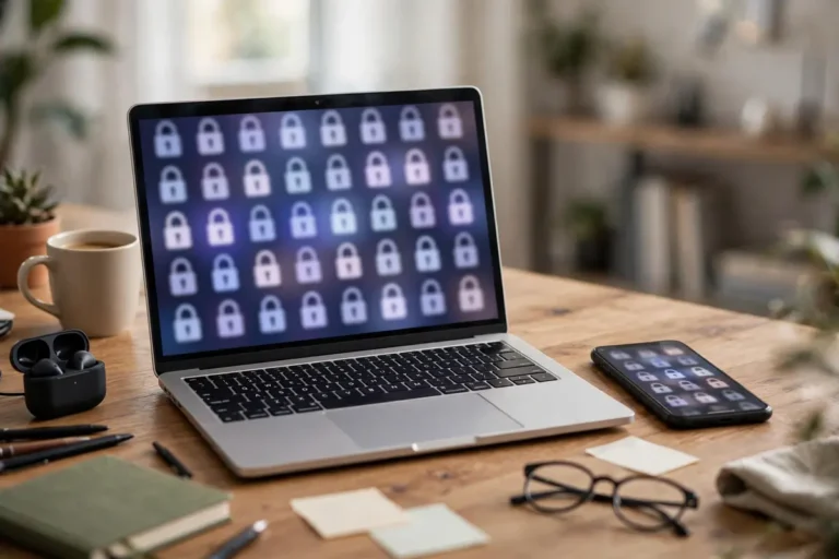 Smartphone and laptop with a password manager vault and lock icons on a desk