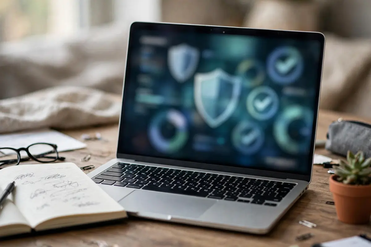 Laptop showing a password security checkup dashboard with shield icons