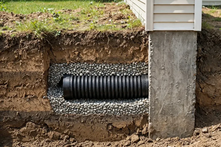 Perforated drain tile pipe laid in a gravel trench beside a house foundation footing